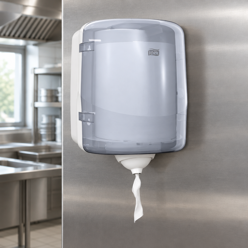Hvid Tork Reflex M4 473190 centerrulledispenser i køkkenets serviceområde