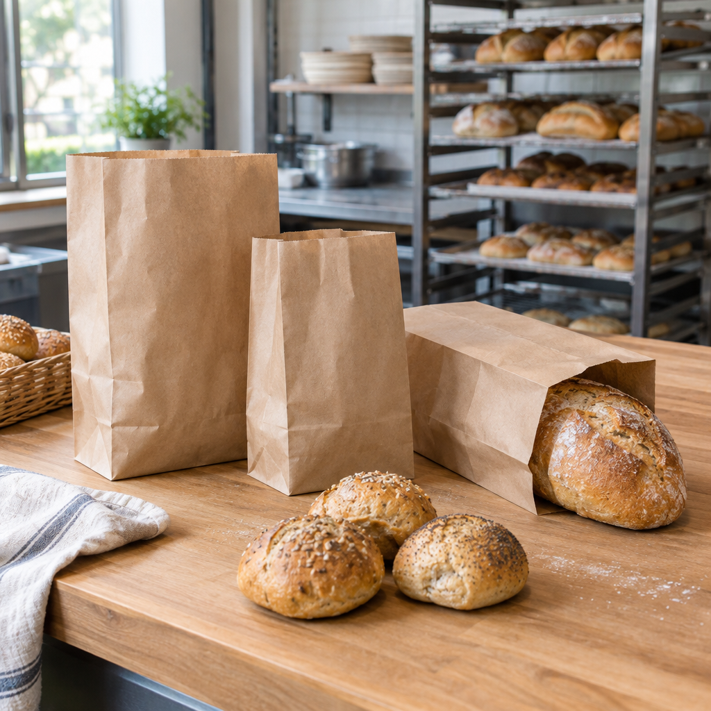 Stemningsbillede af brød og papirposer ved pakkebord, ikke foto af de konkrete bagerposer