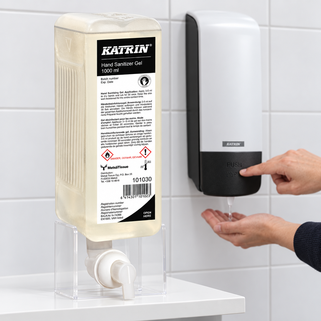 Katrin 101030 gelrefill i forgrunden med illustreret trykbetjening af hvid Katrin 77373-dispenser