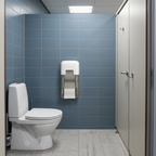 Hvid Tork OptiServe T7-dispenser til to ruller i blågrå toiletkabine