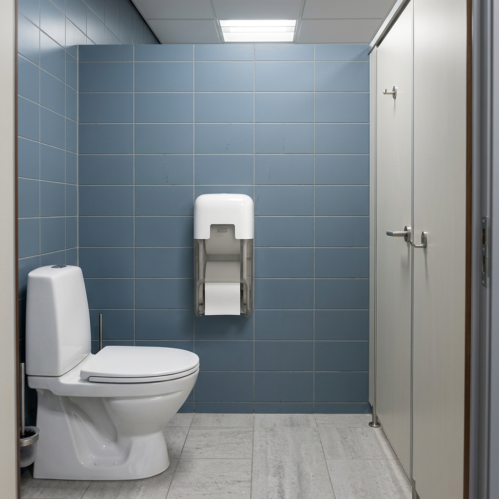 Hvid Tork OptiServe T7-dispenser til to ruller i blågrå toiletkabine