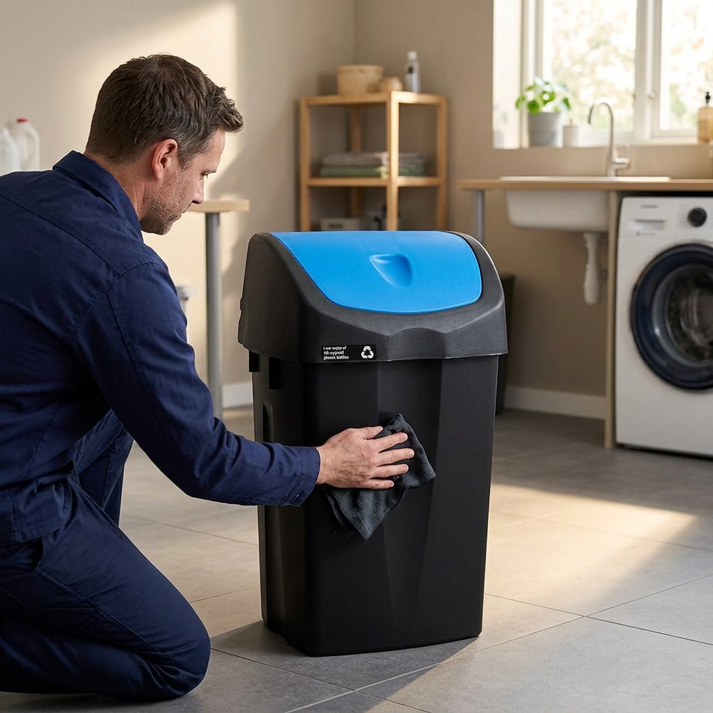 Aftørring af den sorte beholder på en 50-liters affaldsspand