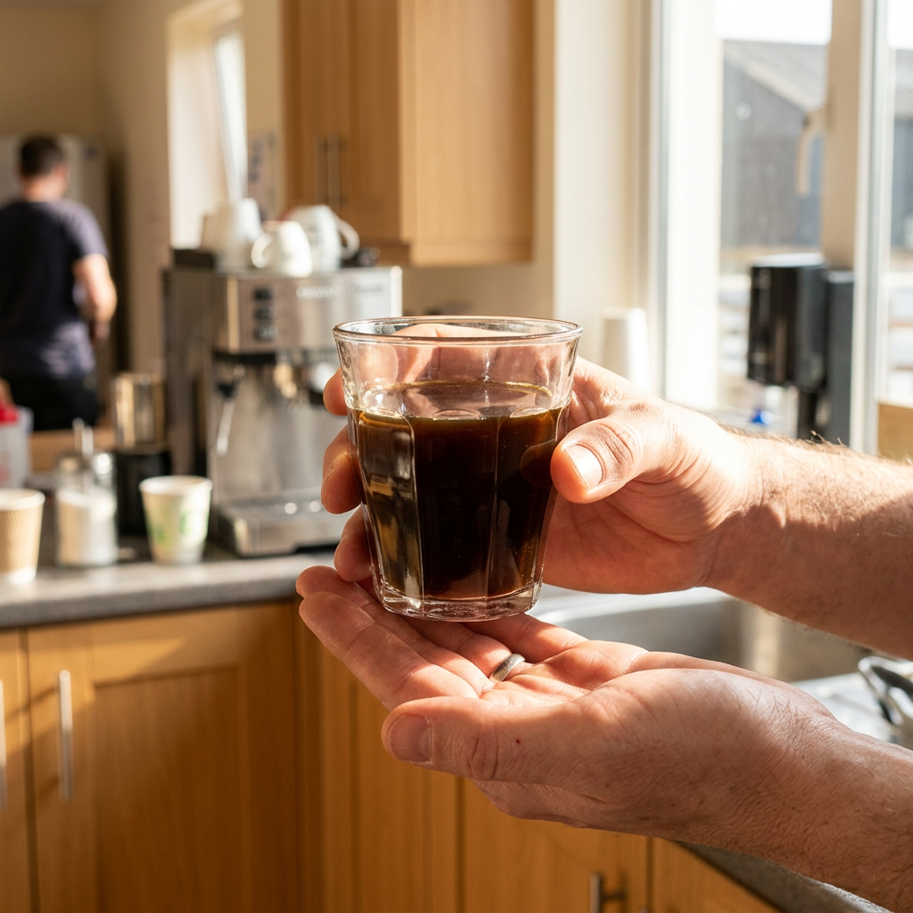 Voksen holder et caféglas med kaffe i et sollyst personalekøkken