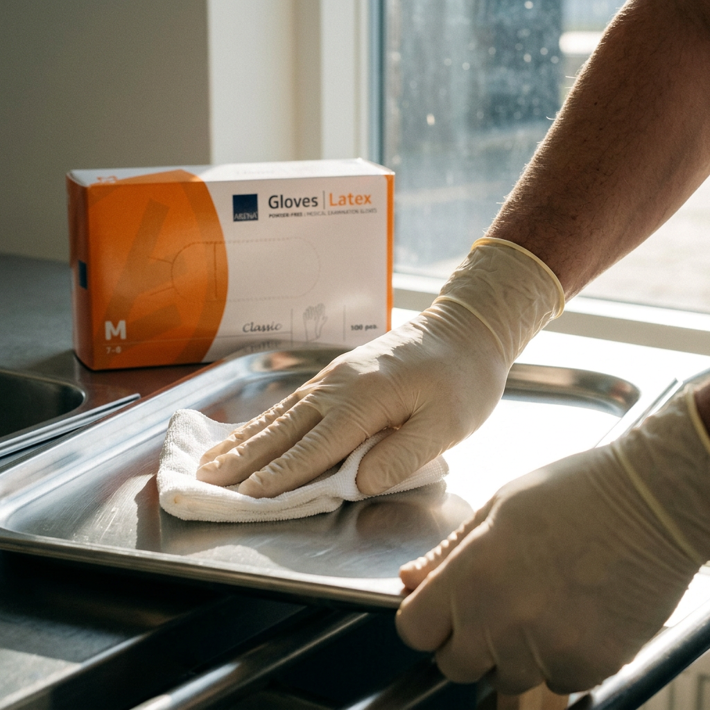 Voksne hænder med naturfarvede latexhandsker tørrer en serveringsbakke med klud i sollys, ABENA Classic M – stemningsbillede