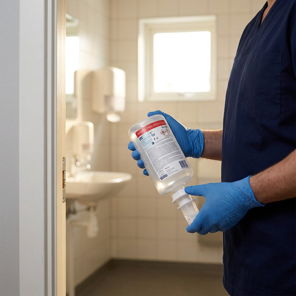 Medarbejder med handsker håndterer en Tork S4 gelrefill ved personaletoilet