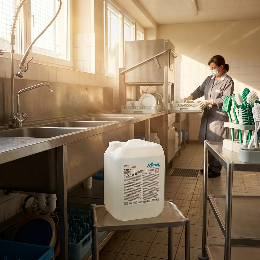 Kiehl Vinox-eco 10 L på lav vogn i solrigt professionelt opvaskeområde