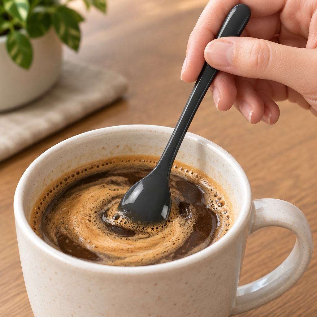 Grå flergangsteske bruges til at røre kaffe