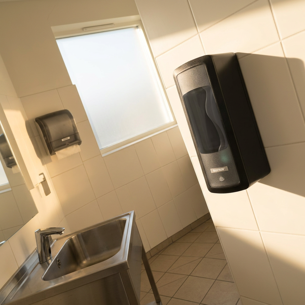 Sort Katrin Touchfree-dispenser ved personalets håndvask