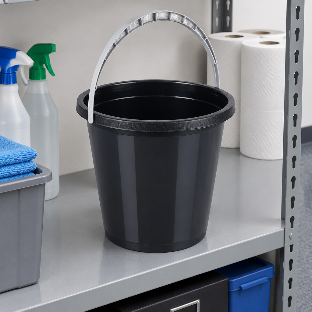 Sort 5-liters spand ved rengøringshylde, stemningsillustration