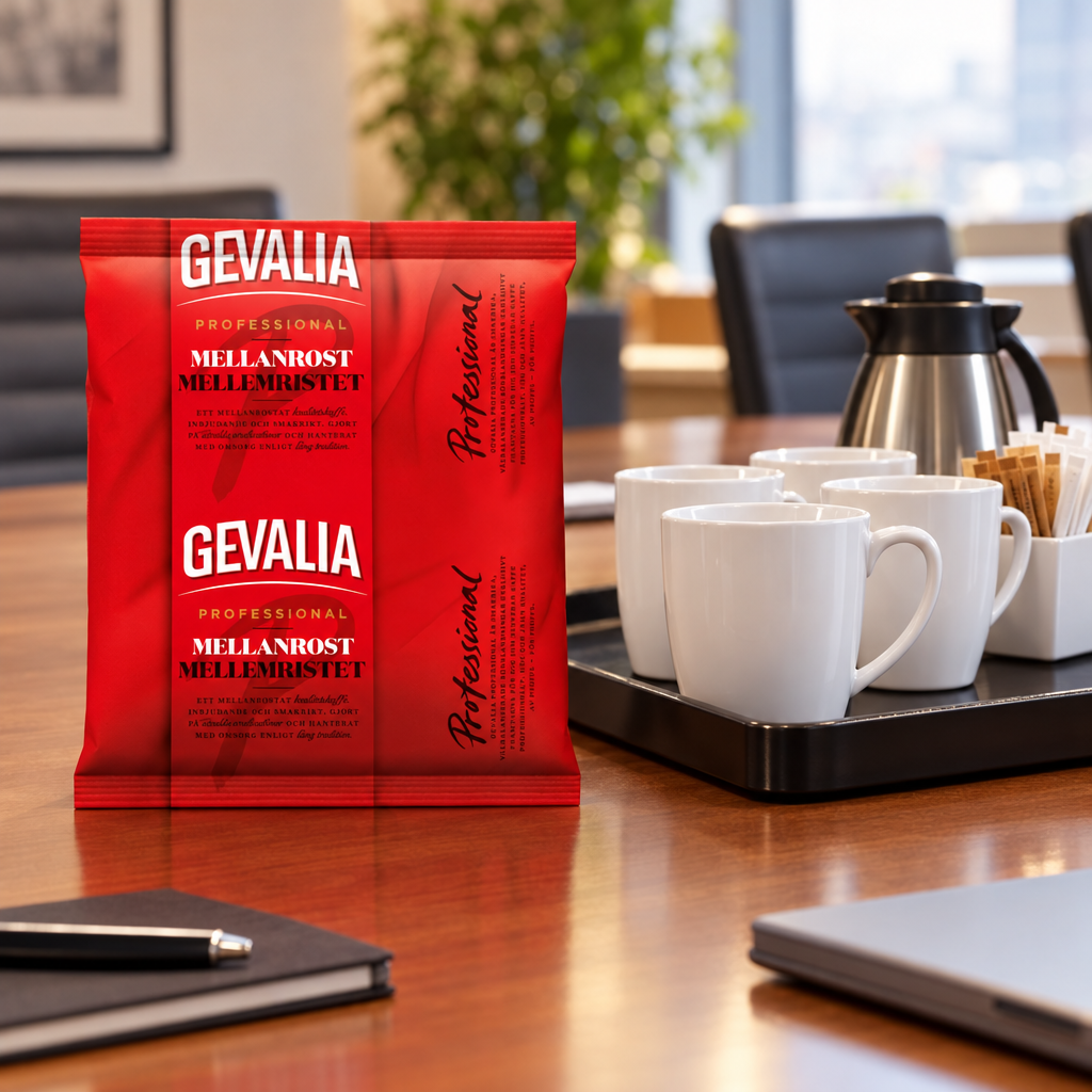 Gevalia Professional filterkaffe ved kaffekopper og termokande i mødelokale, stemningsbillede