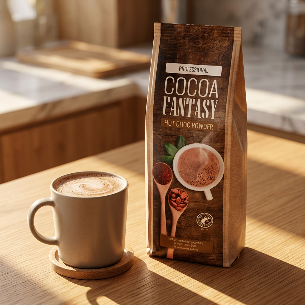 Cocoa Fantasy kakaopulver ved en færdig kakaodrik på et solbeskinnet bord; kop medfølger ikke