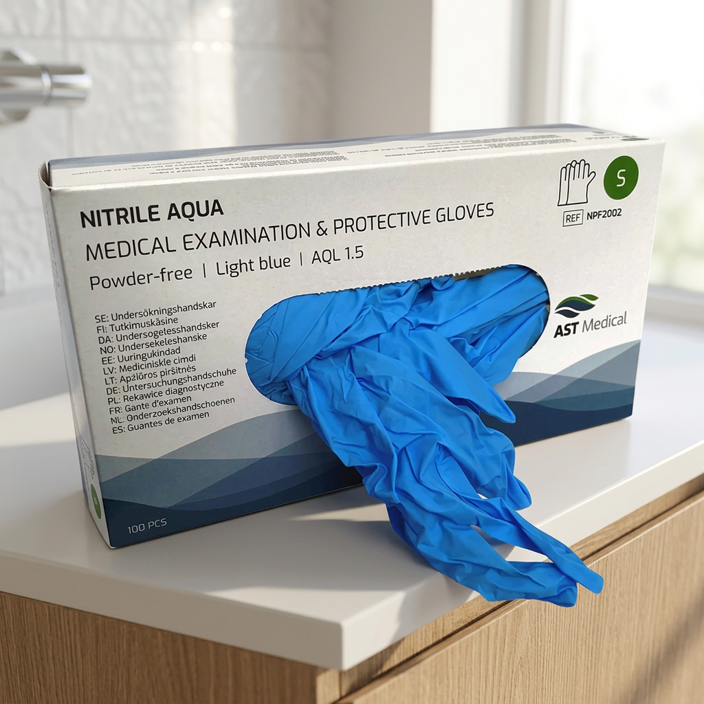 Nitrile Aqua S på lyst bord i personalefaciliteter
