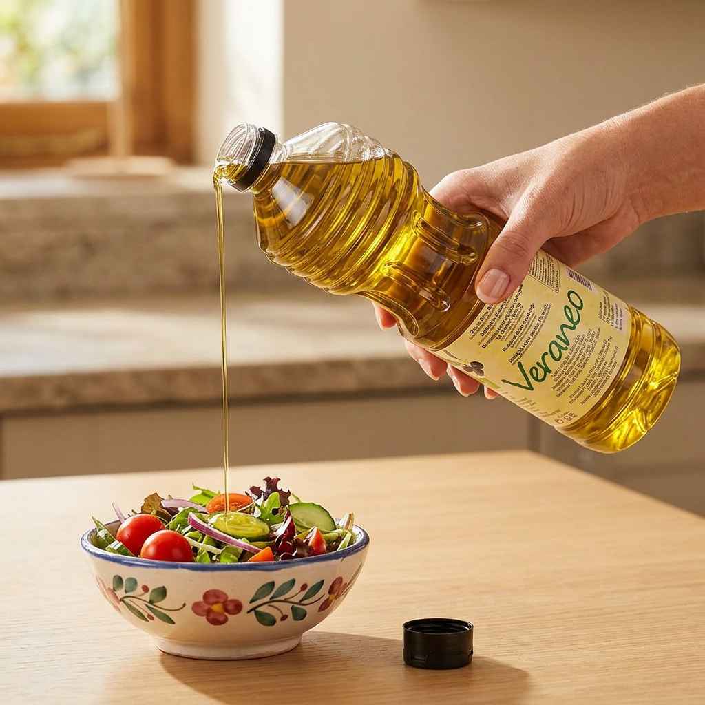 Veraneo olivenolie hældes fra flasken over en salat