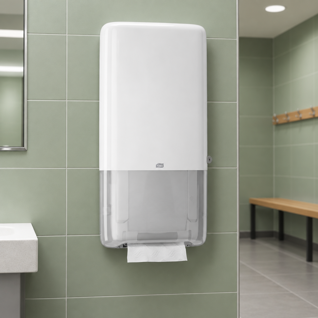 Hvid Tork PeakServe standarddispenser i sportshallens toiletfaciliteter