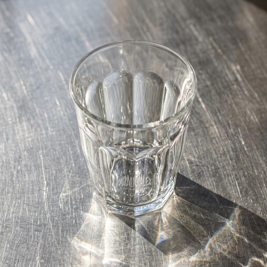 Tomt facetteret caféglas på en solbeskinnet stålbordplade