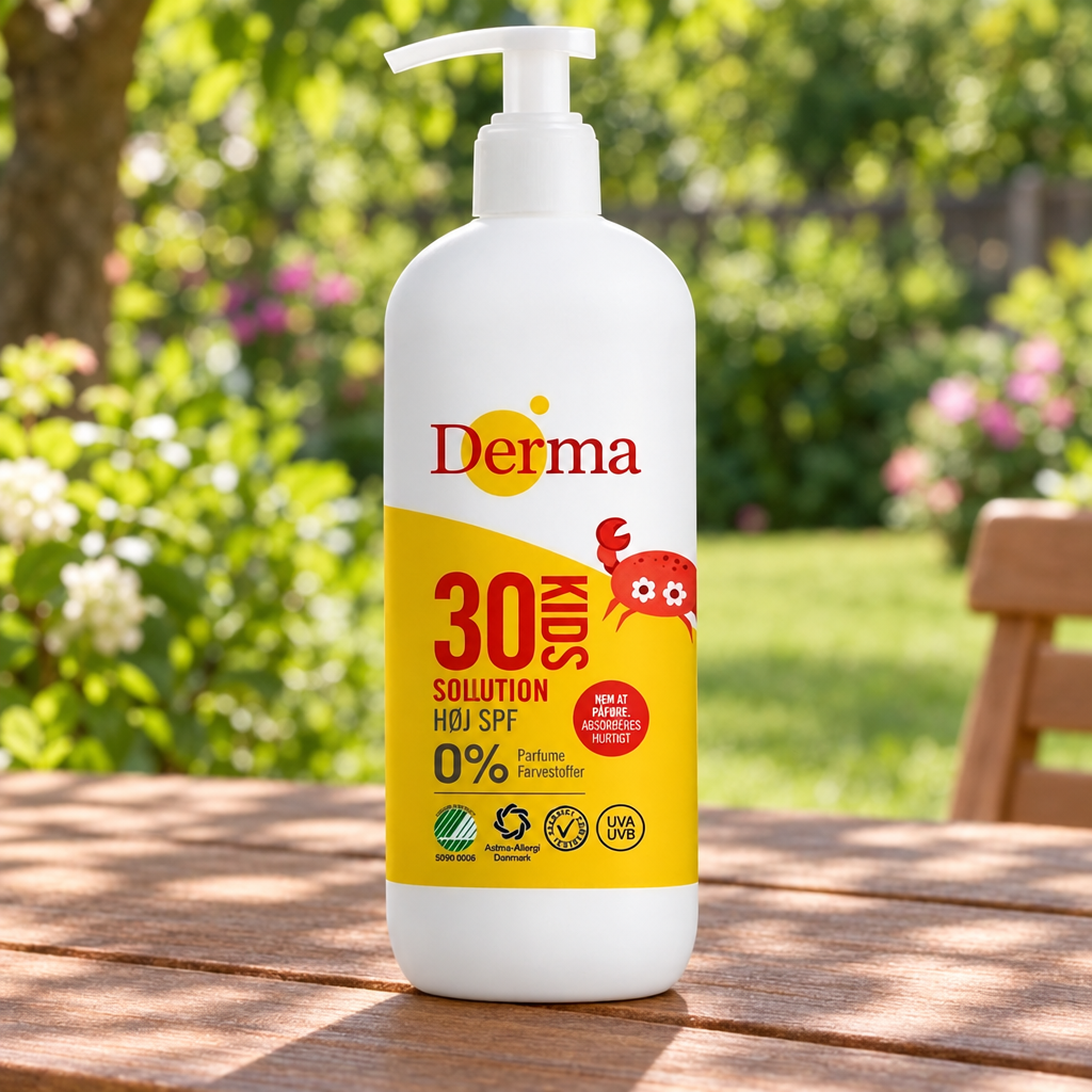 Derma Kids SPF30 pumpeflaske ved havebord