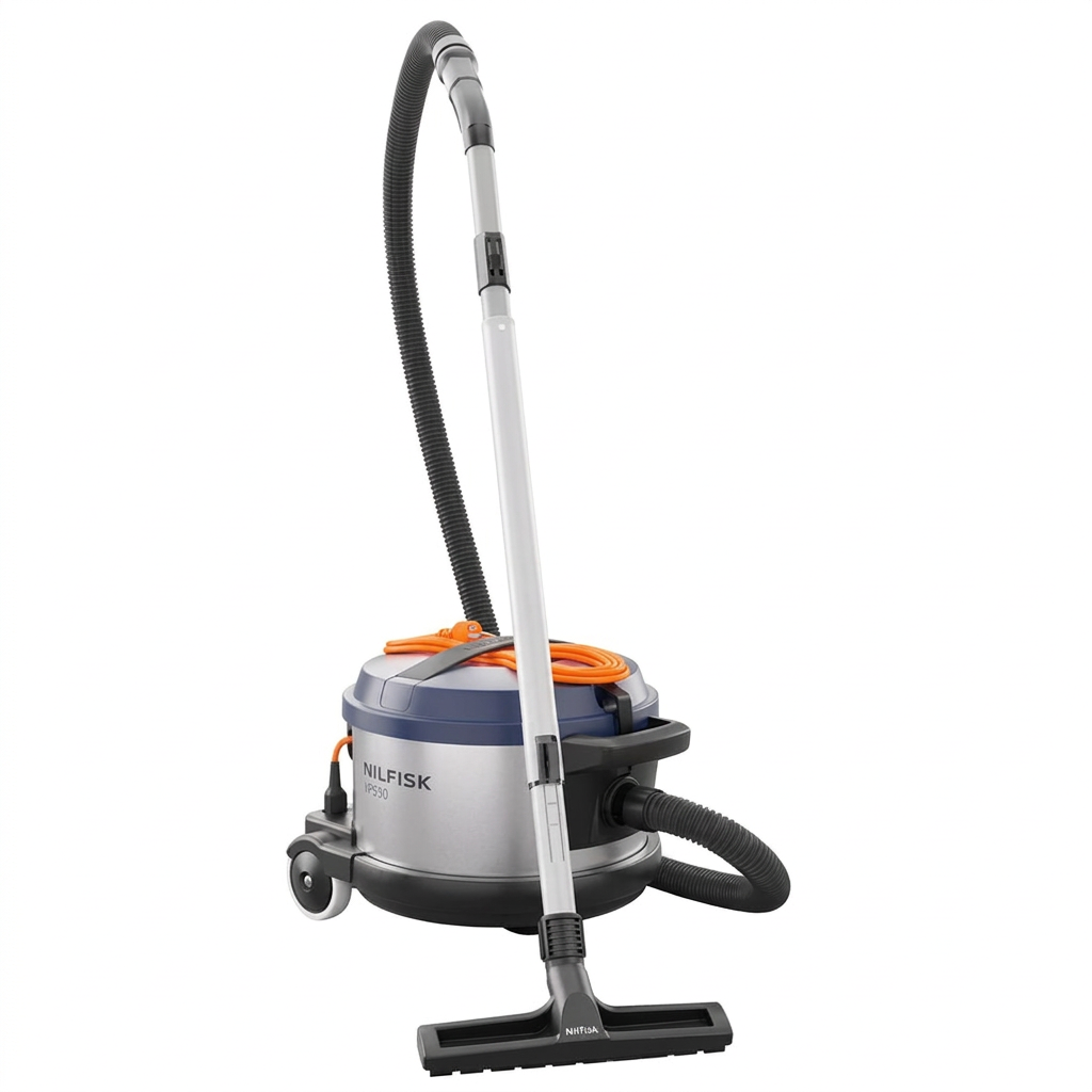 Nilfisk VP930 Blue Pro HEPA med slange, teleskoprør, gulvmundstykke og orange ledning på hvid baggrund. Generativt forbedret produktfoto.