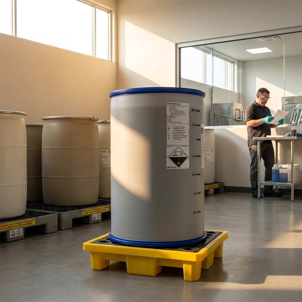Arcandis-Eco 200 L på opsamlingsplatform i sollyst depot med medarbejder i baggrunden