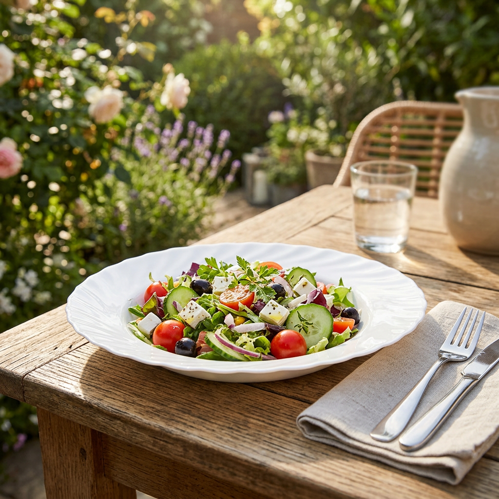 Hvid, dyb tallerken med salat på solrigt havebord