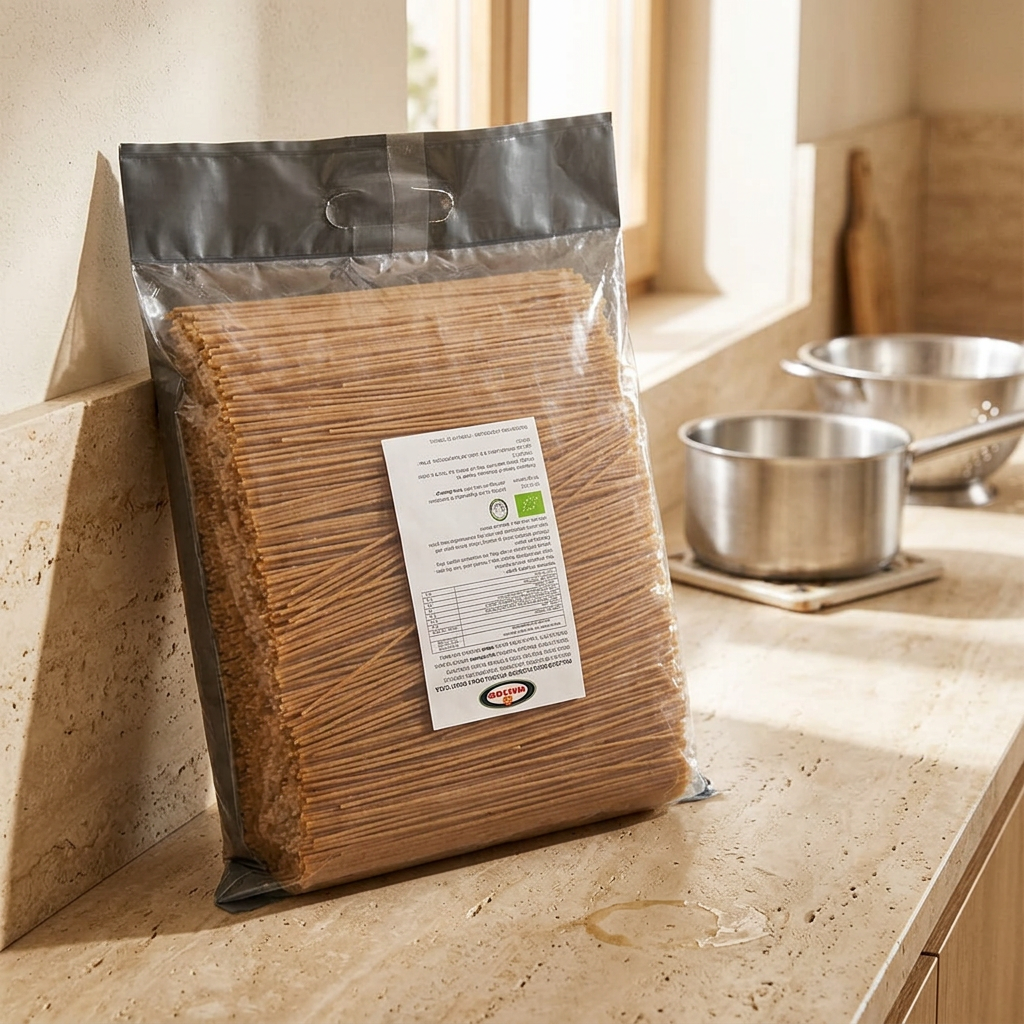 Helios økologisk fuldkornsspaghetti ved køkkenbord med gryder