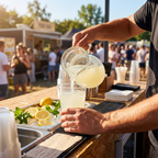 Voksen hælder lemonade i et klart plastglas ved et serveringsbord