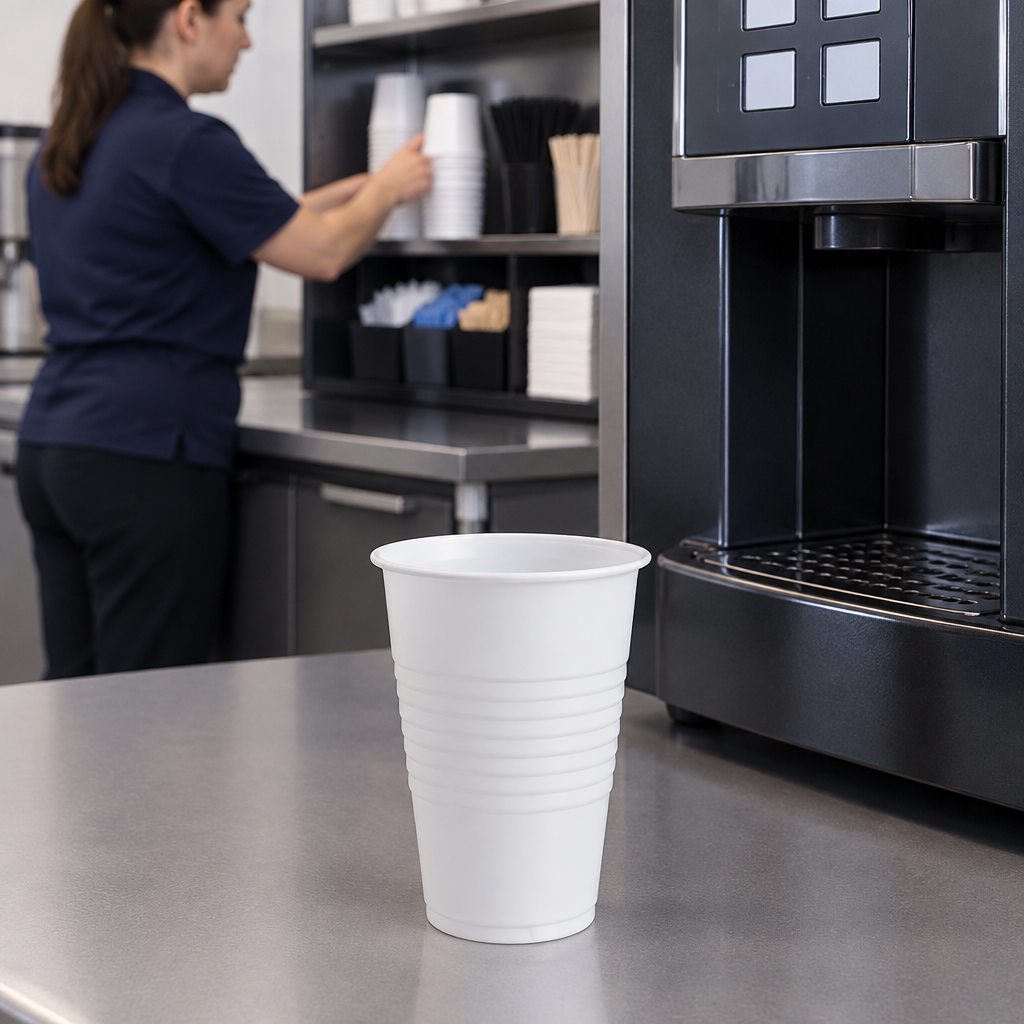 Tomt hvidt automatbæger ved kaffeautomat og klargøring af kaffestation