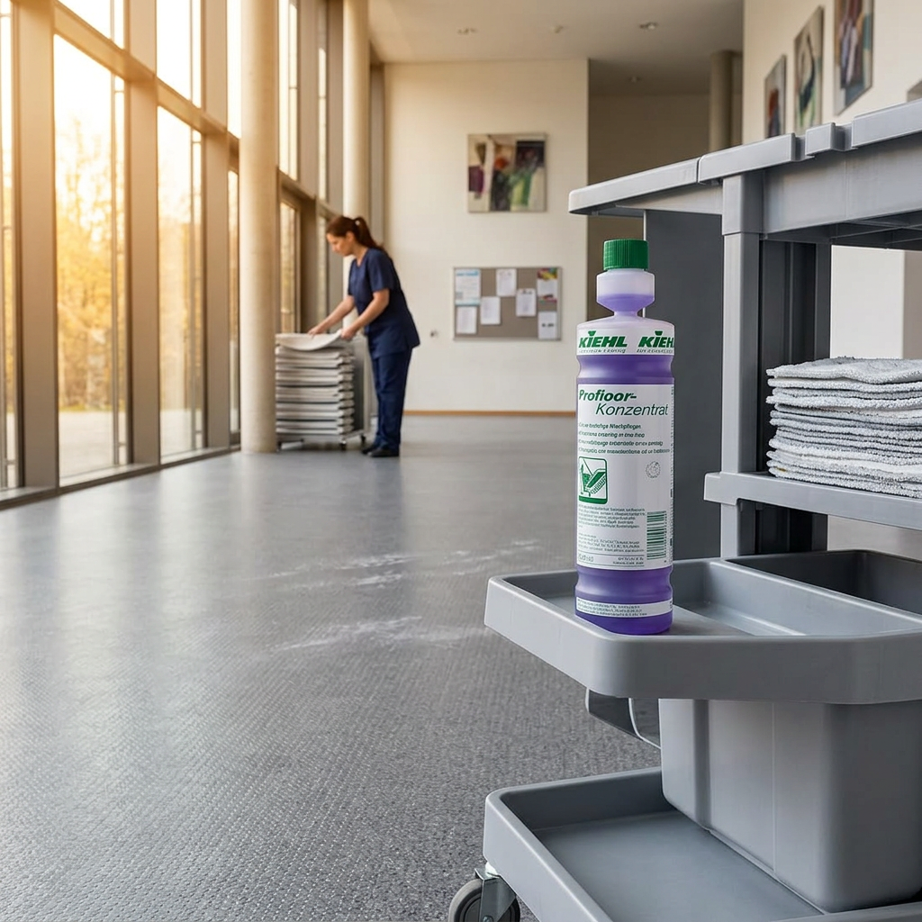 Kiehl Profloor-Koncentrat på rengøringsvogn med rene mopper i solrigt kulturhus, stemningsbillede