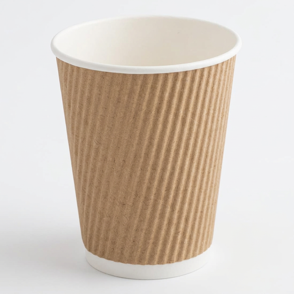 Brunt Detpak Ripple-Wrap kaffebæger 36 cl med bølget yderside og hvid kant på lys baggrund