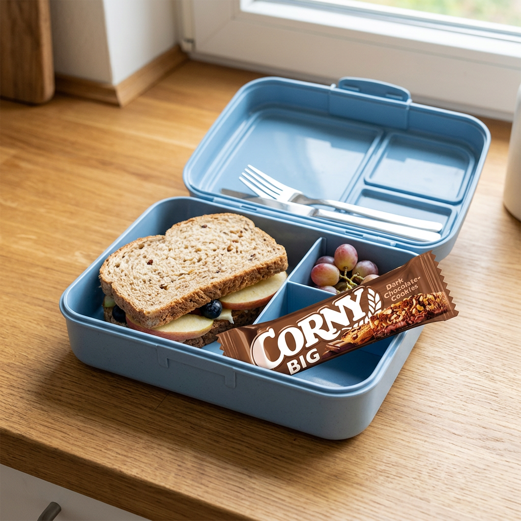 Corny Big Dark Chocolate-Cookies i madkasse med sandwich og frugt
