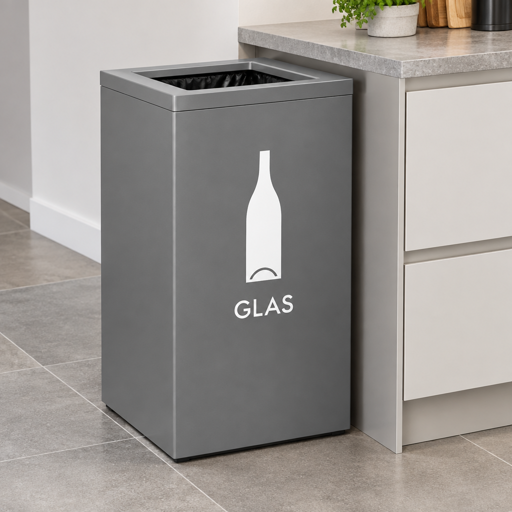 Glasbeholder med hvid foliemærkning ved køkkenbord
