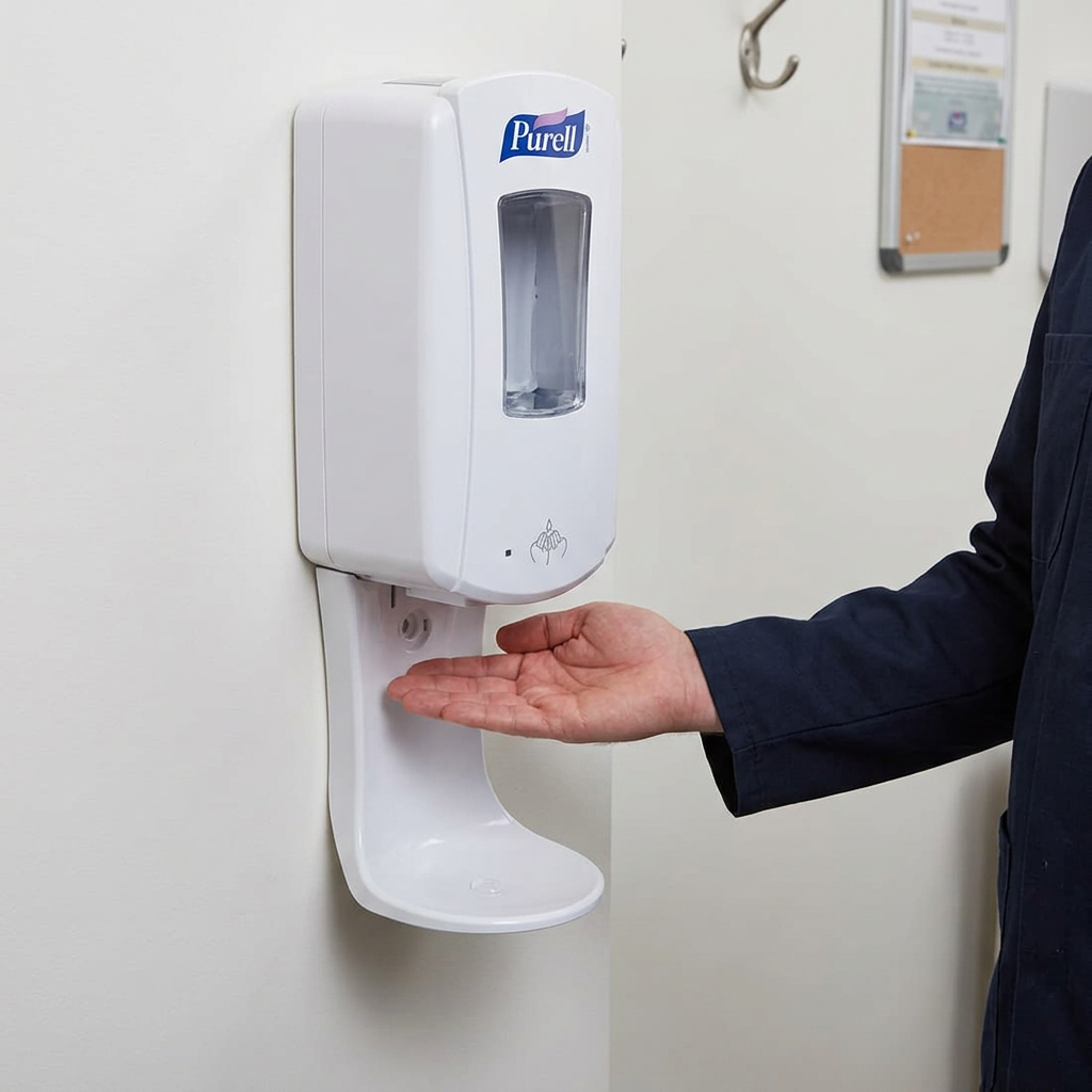 Illustreret brug af hvid drypbakke under Purell LTX-12 ved personaleindgang