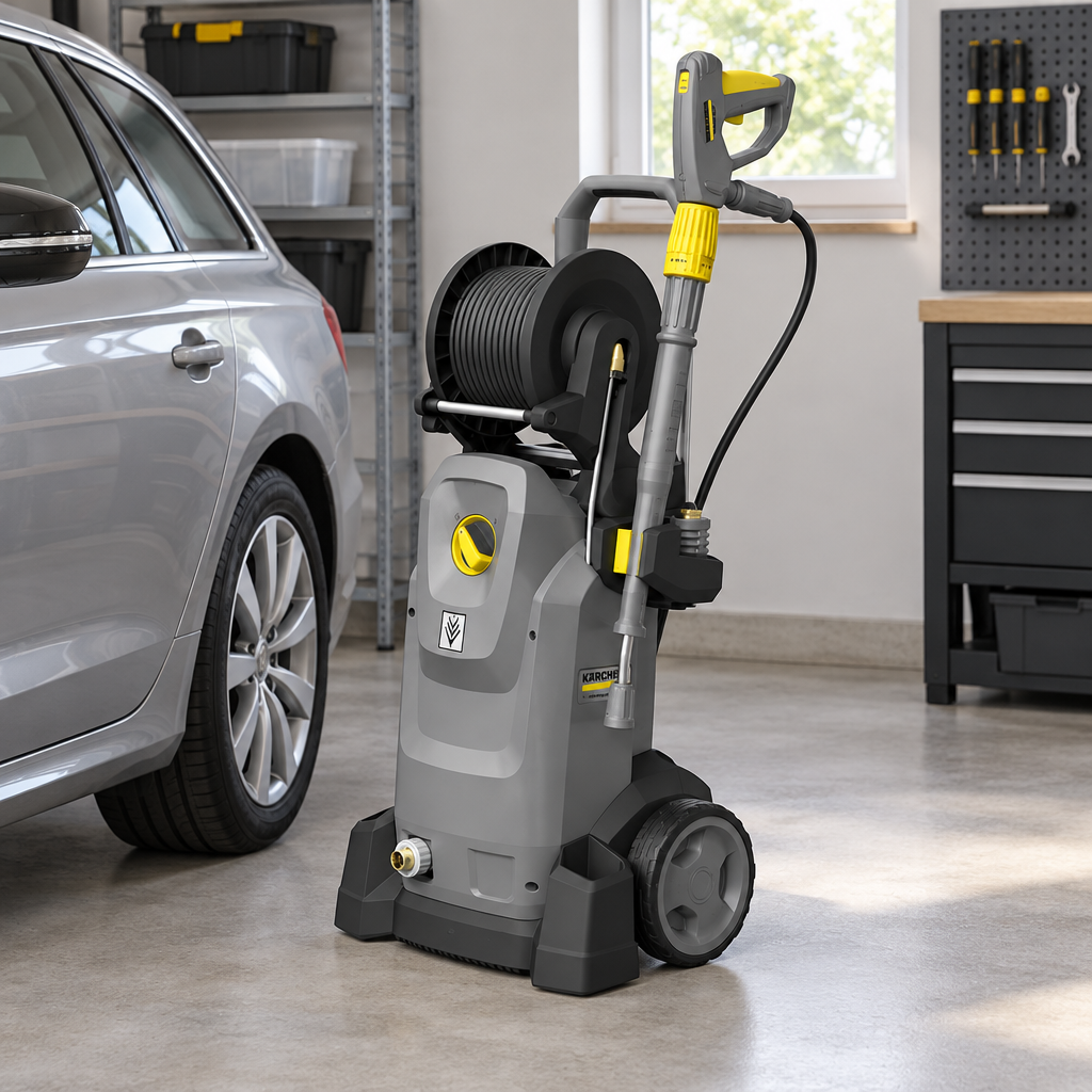 Kärcher HD 7/16-4 MX Car ved sølvfarvet bil i garage, miljøbillede