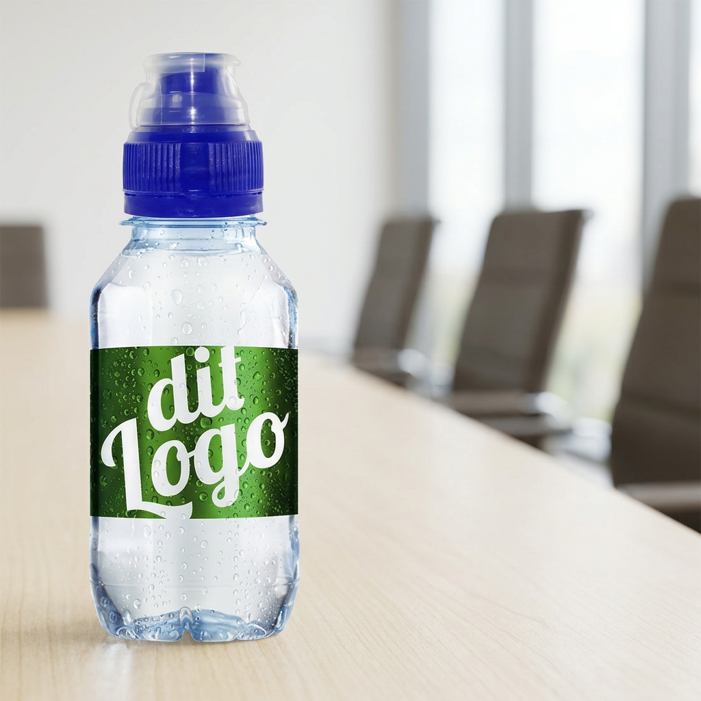 0,30-liters logovand med blå sportscap og grøn dit Logo-etiket på konferencebordet