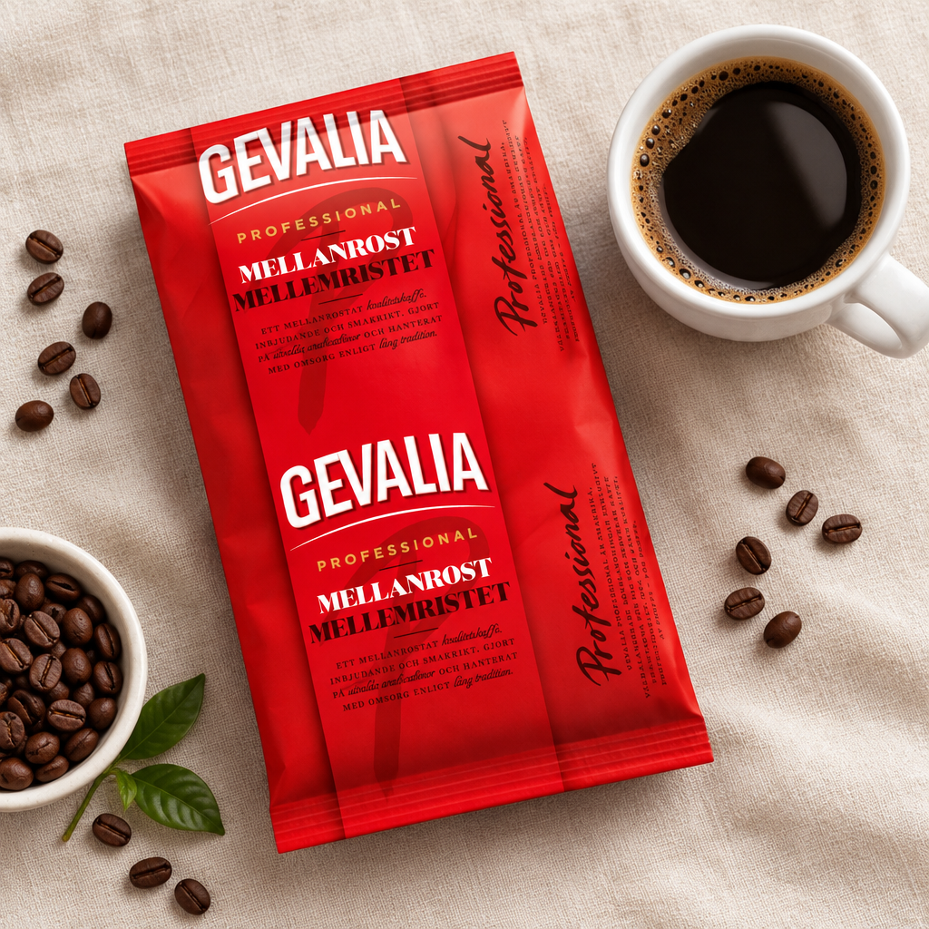 Gevalia Kaffe 500 g på dug med kaffekop