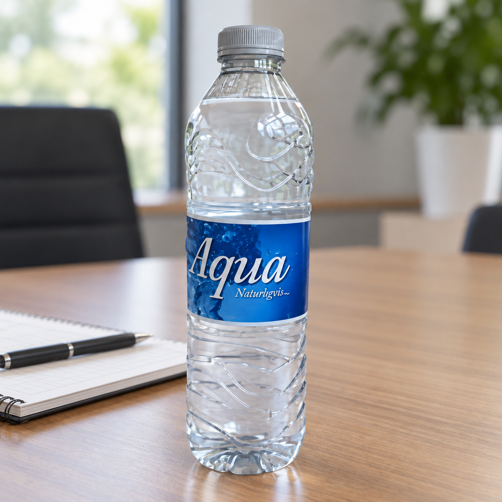 Aqua Naturligvis vandflaske 0,5 liter ved mødebord med notesbog