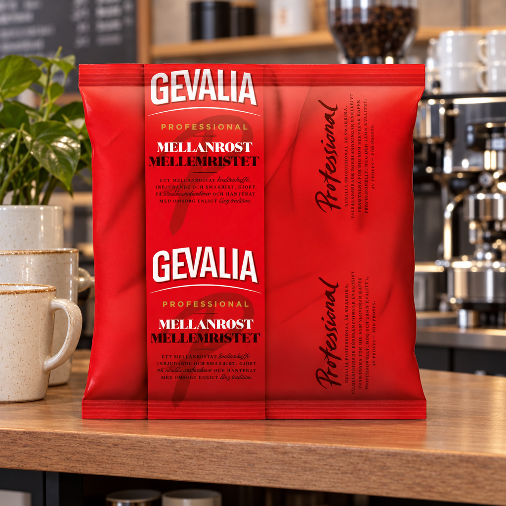 Gevalia Professional filterkaffe i rød pose ved kontorets kaffestation, stemningsbillede