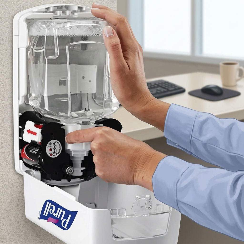Serviceillustration af åben Purell-dispenser ved kontorets serviceområde