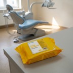 Miljøbillede: Wet Wipe Triamin Mini på bord i tandklinik med sollys i baggrunden