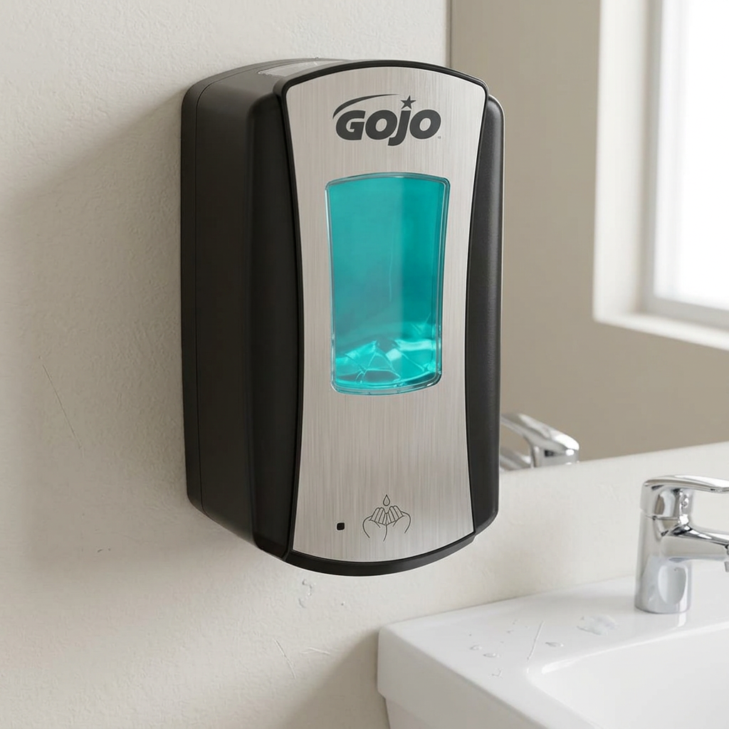 GOJO LTX-12 skumsæbedispenser i krom/sort ved kontorets håndvask