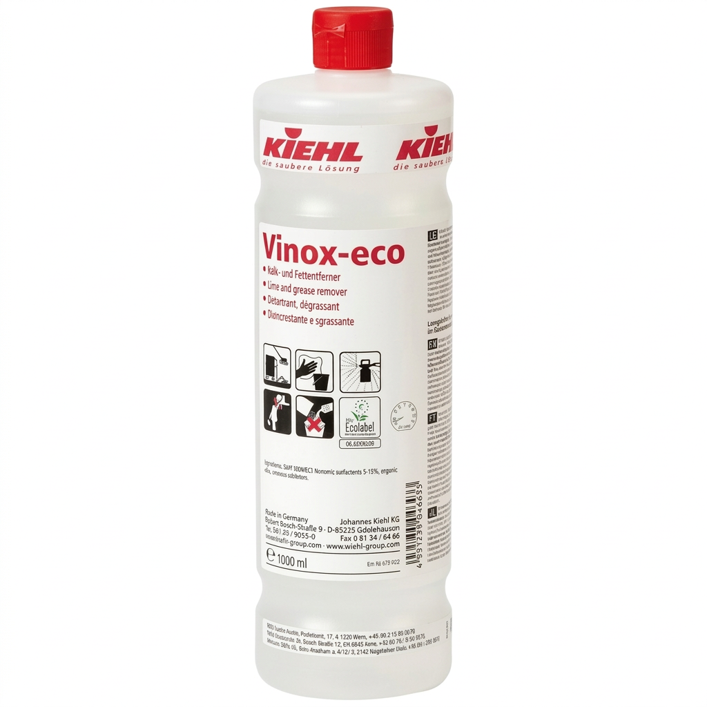 Kiehl Vinox-eco kalk- og fedtfjerner 1 liter i lys flaske med rødt låg på hvid baggrund, varenummer 8135.