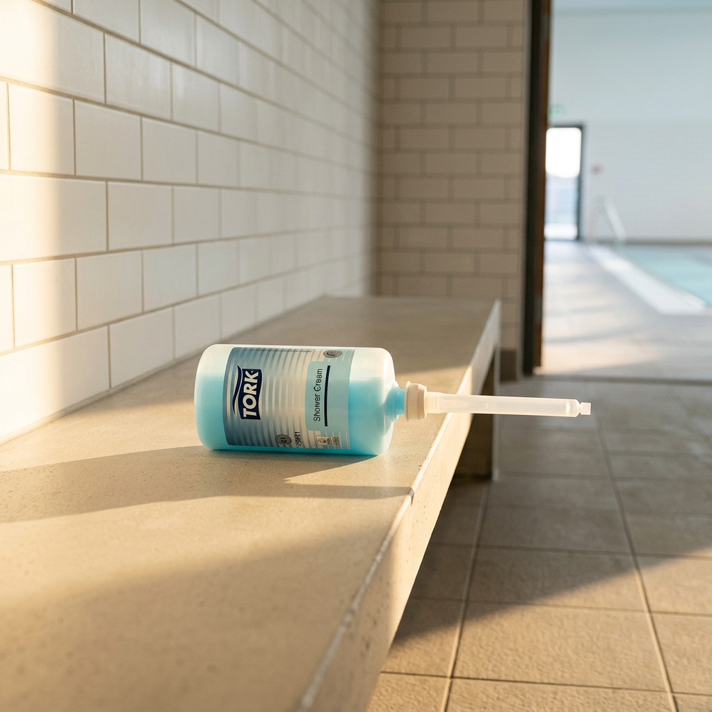 Tork S1 Shower Cream-refill på bænk ved svømmehallens badeområde