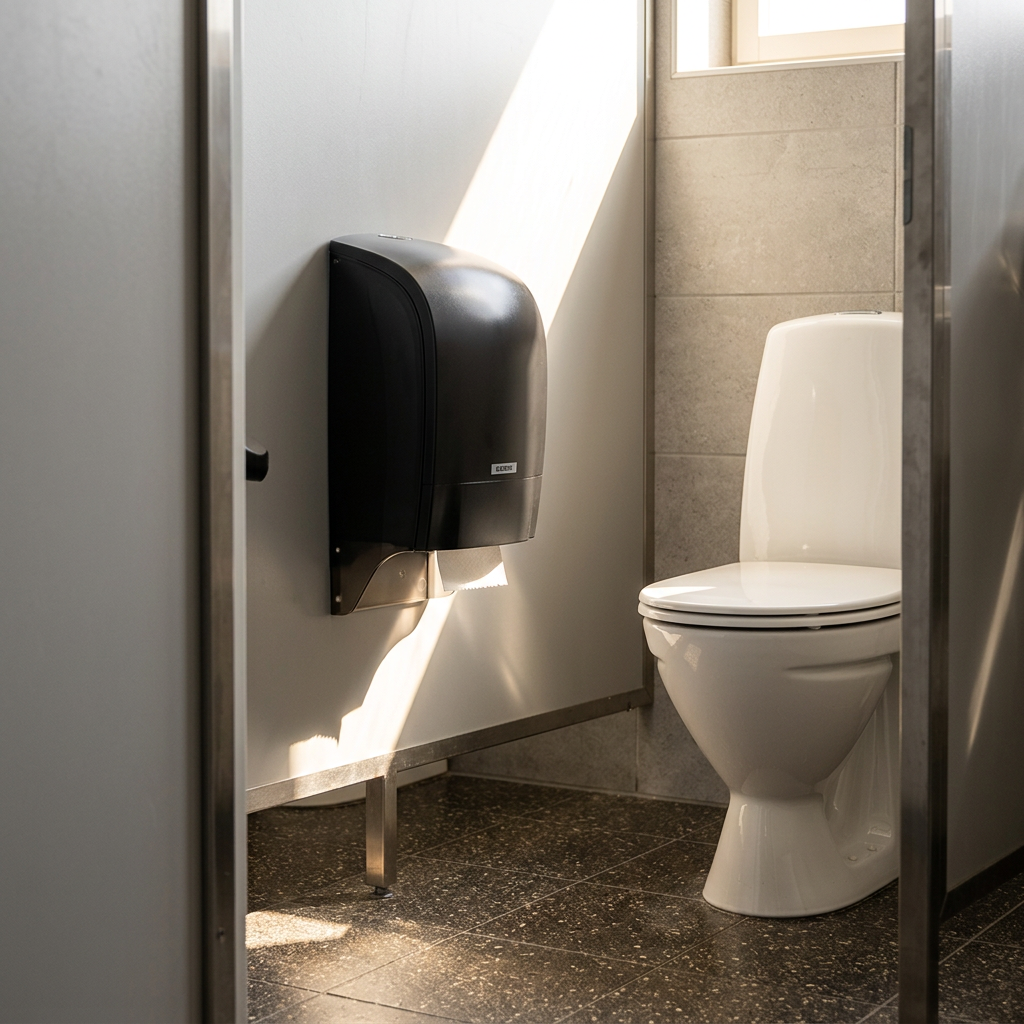 Sort Katrin-toiletrulledispenser ved toilet med sollys på væggen