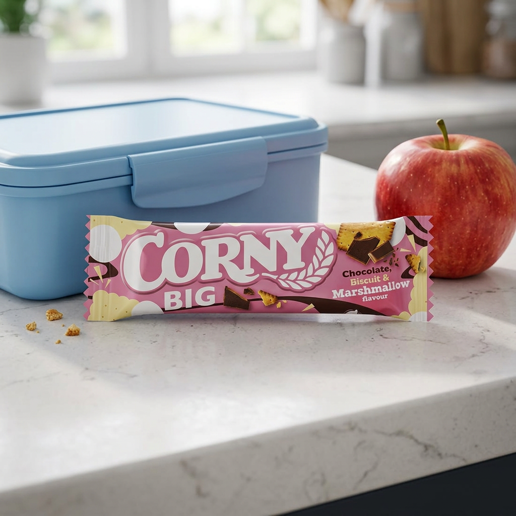 Corny Big Marshmallow og Biscuit ved madkasse og æble, stemningsbillede