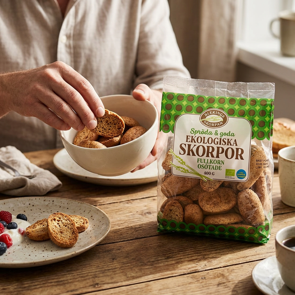 Fuldkornsskorper fra Blekinge Skorpan serveres fra en skål