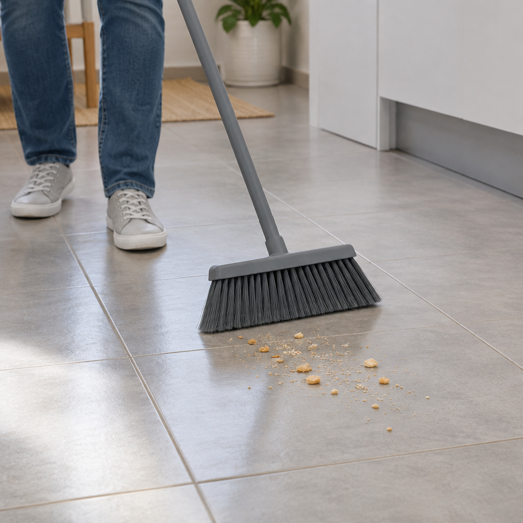 Stemningsbillede af indendørs fejning med generisk kost, ikke foto af konkret fejekost