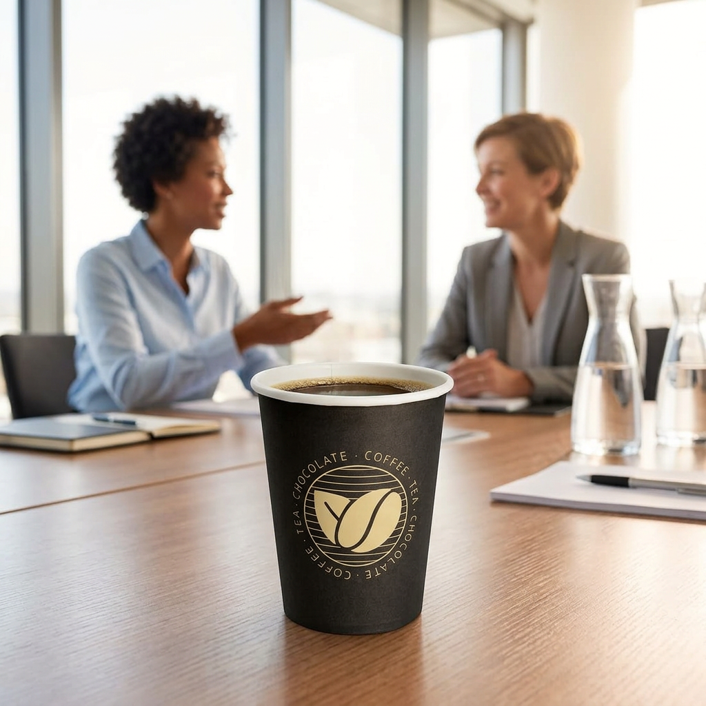 Beans-kaffebæger med kaffe på mødebord med to voksne kolleger i baggrunden