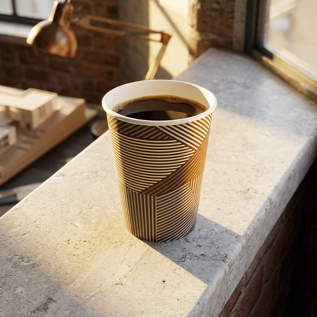 ABENA Gastro Lines kaffebæger med kaffe på solbelyst vindueskarm i atelier