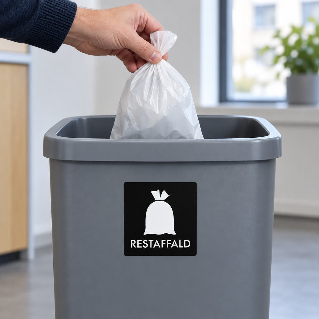 Brugssituation: affaldspose placeres i beholder mærket RESTAFFALD