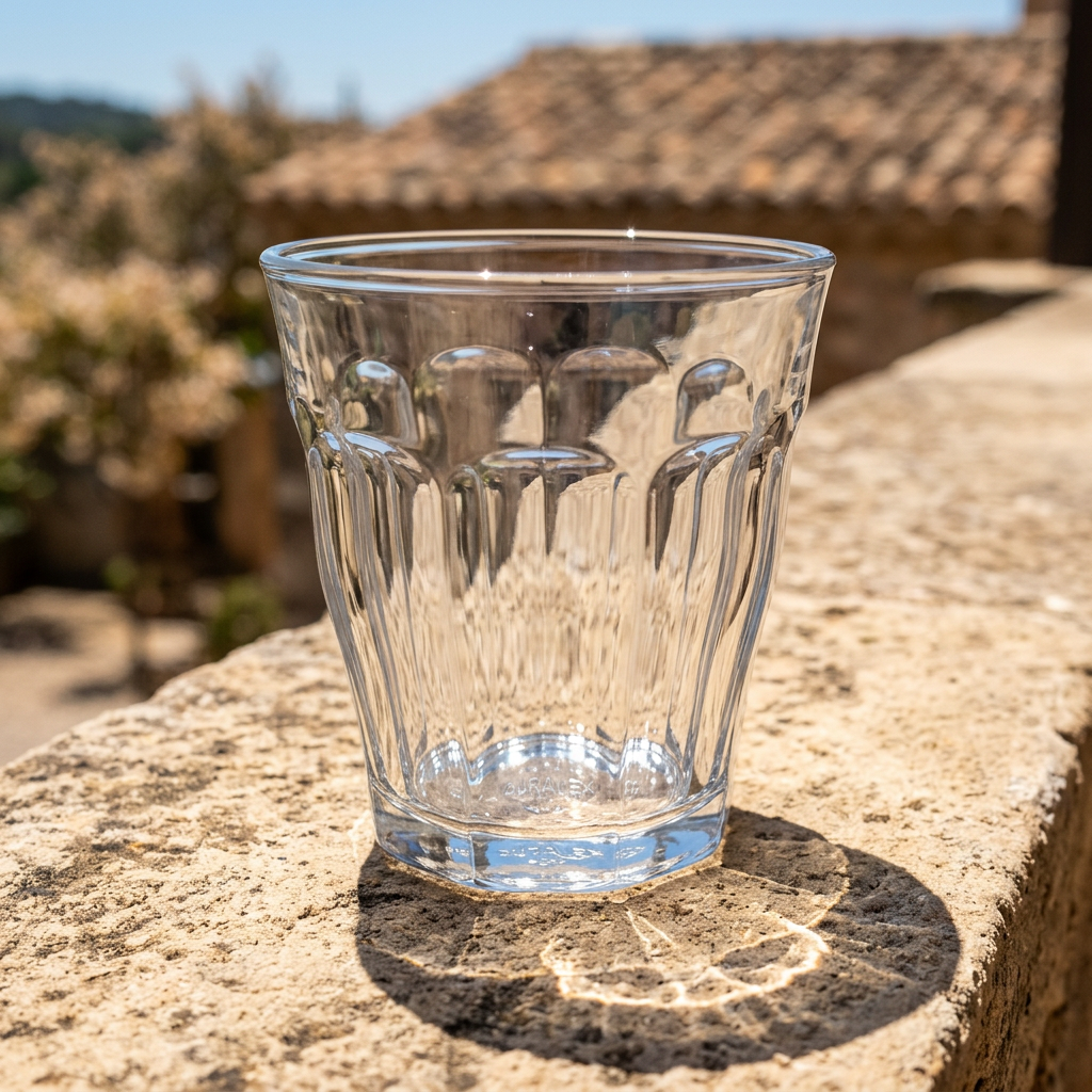 Klart facetteret caféglas på en stenafsats i solskin