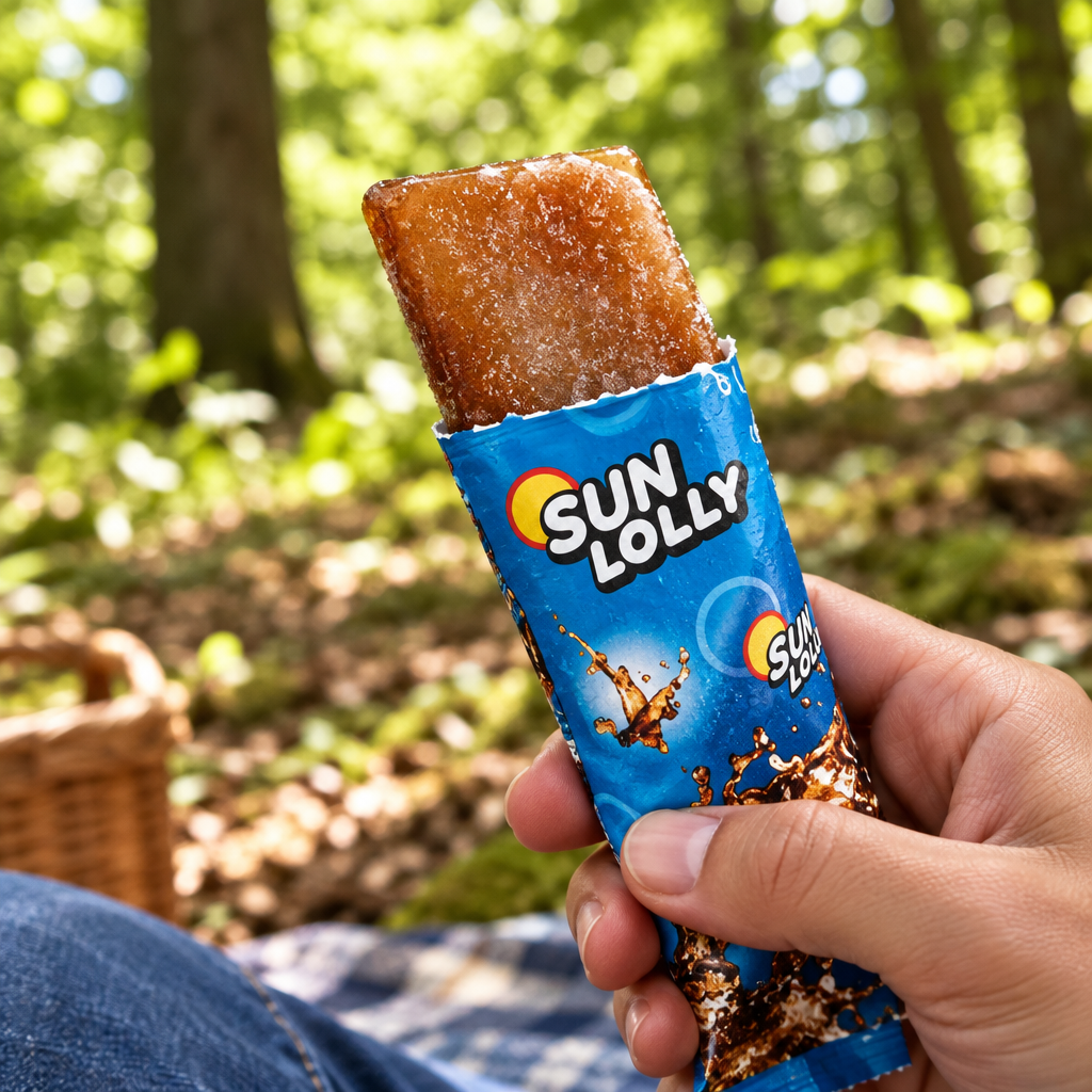 Åbnet brun Sun Lolly Cola-is i voksenhånd ved pause i skoven